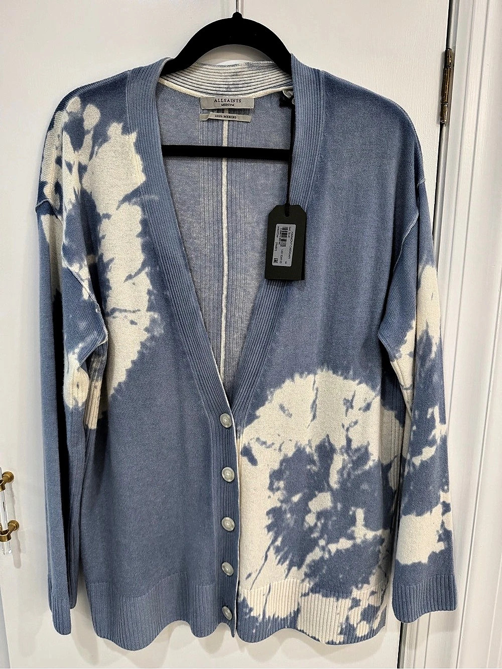 NWT All Saints 100% Merino Cardigan Tie-Dye in Blue & White Size Medium